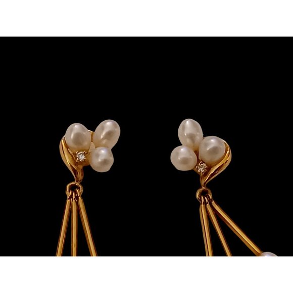 14k Solid Yellow Gold Diamond Pearl Cluster Dangle Stud Earrings 1.75" 3.7 Grams - Picture 2 of 7